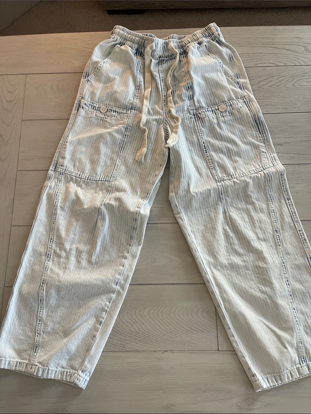 Miou muse Light Wash Cropped Utility Jeans with Drawstring Waist